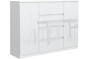 meble masztalerz Komoda Biała z 4 szufladami i 2 drzwiami - Fronty wysoki połysk - 138,6x101,5x39 cm - Komoda do salonu, sypialni - Szafka z szufladami - Komoda z szufladami