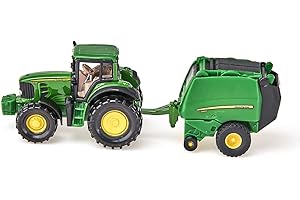 Siku 1665, John Deere Traktor z prasą do belowania, Z 2 belami siana, Metal,Tworzywo sztuczne, Zielony, Ruchome części