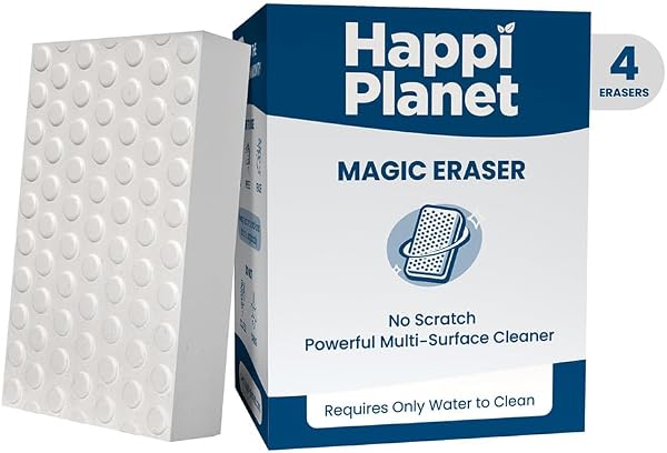 Happi Planet Magic Eraser | Pack of 4 | No Scratch Multi-Surface Cleaning Sponge | Removes 100+ Tough Stains | Just Add Water | Walls, Kitchen, Bathroom, Shoes