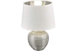 REALITY LEUCHTEN meineWunschleuchte Lampada da tavolo con base in ceramica argento e paralume in tessuto bianco, altezza 26 cm