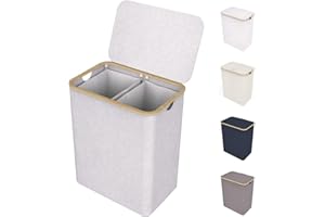 Lonbet Podwójny kosz na pranie z pokrywą, bambusowy, składany kosz na ubrania, łatwe i wydajne sortowanie, wyjmowany worek, 150 l (3-5 prań), jasnoszary