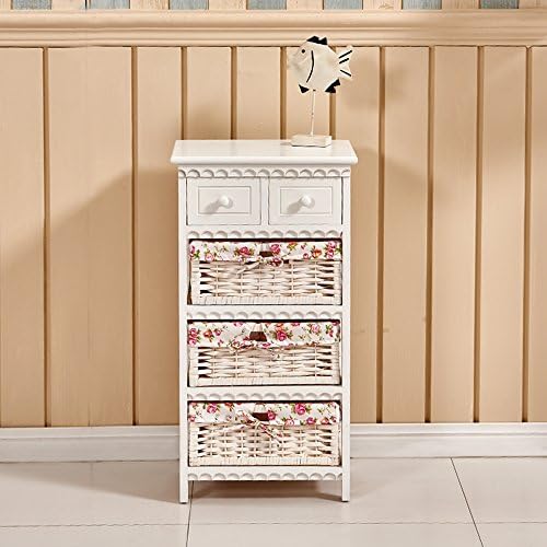 Tason Shabby Chic Rattan Chest of Drawers, White Wooden Storage Cabinet Sideboard Cupboard with Vintage Design and Floral Decor (2 Drawers 3 Baskets)