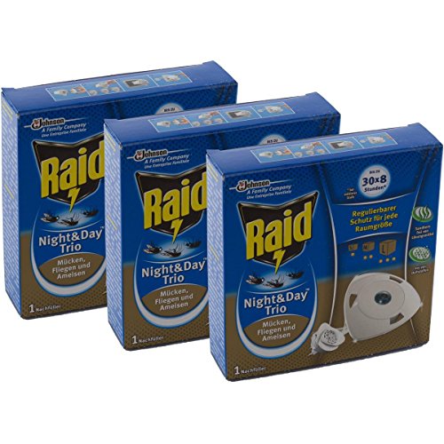 3x Raid Night & Day Trio Insekten Stecker Nachfüller, gegen Mücken, Fliegen & Ameisen