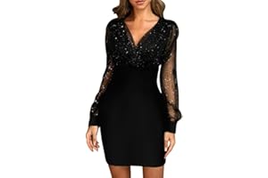 KBRPEY Mini Vestiti Maniche Lunghe Donna in Pizzo Abito a Vita Alta Abiti in Paillettes Abiti a Maniches-Lunghes Vestito da Cerimonia Donna Formale