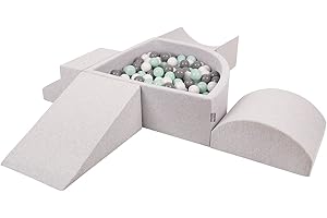 KiddyMoon Spielplatz Aus Schaumstoff Mit Viertel Eckig Bällebad (200 Bälle) Hindernisläufe, Hellgrau:Weiß/Grau/Minze