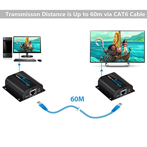 60m HDMI Extender HDMI Repeater mit 3D-Steuerung IR Infrarot Übertragung 1080P Full HD über Einziges RJ45 CAT 6A CAT7 Ethernet Kabel für Sky Box HD Freebox PC Blu Ray DVD Projektor PS4 – HDMI Extender Sender und HDMI Extender Receiver - 5
