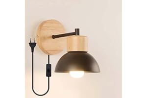 CHAO ZAN Applique Da Parete Con Interruttore Spina Interno E27 Bianco Nero,Vintage Con Paralume,Lampada Da Lettura A Muro Camera Da Letto Da Comodino Lampada da Parete Legno Soggiorno Corridoio (nero)