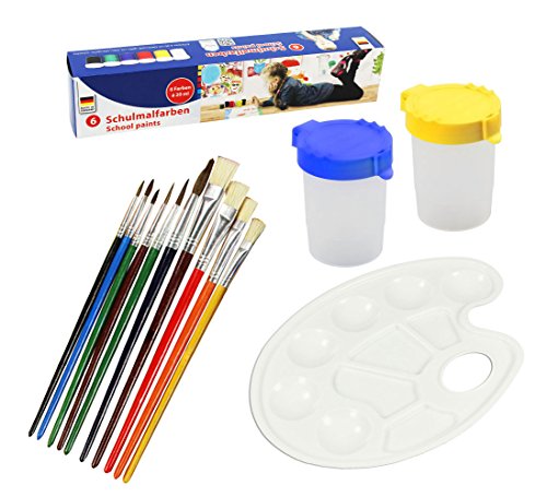 COM-FOUR Künstler-Mal-Set für den Kunstunterricht mit 6 Farbtöpfe + Pinselbecher + 8 Künstlerpinsel + Mischpalette