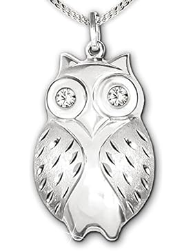 CLEVER SCHMUCK-SET Silberner Anhänger große Eule 28 mm matt glänzend diamantiert und beidseitig gewölbt plastische...