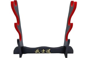 Glac Store® Soporte expositor soporte de mesa para Katana Samurai de madera con letras japonesas de 3 plazas adornado con terciopelo rojo en la parte de apoyo