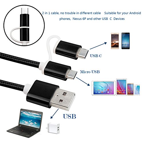 2 in 1 Ladekabel, 1.2m kabel Nylon umflochtenes Micro auf Type C USB Ladegerät für Samsung S5 S6 S7 Und the new MacBook, ChromeBook Pixel, Nexus 5X, Nexus 6P, Nokia N1 Tablet, OnePlus 2 und andere USB-C-Geräte(Schwarz) - 2