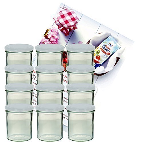 12er Set Sturzglas 350 ml Marmeladenglas Einmachglas Einweckglas To 82 weißer Deckel incl. Diamant-Zucker Gelierzauber Rezeptheft