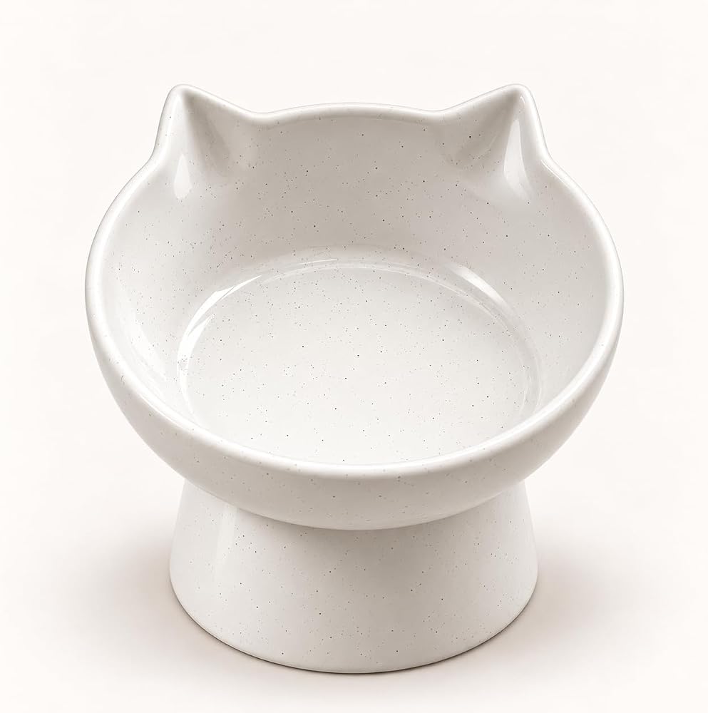 getmeev Seramik Kedi Köpek Mama ve Su Kabı – Kedi Kulaklı Eğimli ve Yükseltilmiş Mama Kabı, Boyun ve Omurgayı Destekleyen Ergonomik Tasarım, Kolay Temizlenebilir(Beyaz Simli Kulaklı)