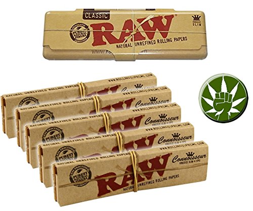 RAW KS Tin Blechdose für Longpapers inkl 5x Raw KingSize Slim Classic Connoisseur Papers und Tips + Fight 4 Legal Ansteck Button grün 25mm