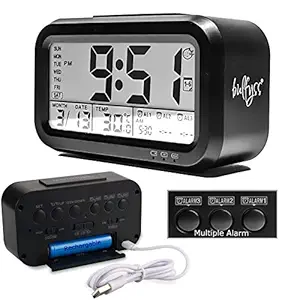 Bulfyss USB Rechargeable Digital Alarm Clock, Date, Temperature, Backlight LCD Display Smart Clock with 3 Alarms for Girls Kids Bedroom Table Desk (Black)