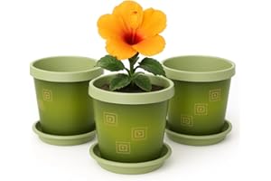 Home Garden Ornaments Plant Pots Indoor Outdoor Decorative Plastic Flower Pots with Saucer, Olive Green Pattern – Set of 3, Indoor Plant Pot (19 cm / 7.5 inch)