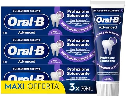 Oral-b Dentifricio Advanced Protezione Sbiancante 3x75ml, Dentifricio Sbiancante Denti, Clinicamente Provato, Pulizia Denti Efficace, Alito Fresco Sapore Menta Piperita