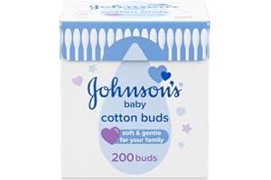 Johnson's Baby Cotton Buds (1 x Pack of 200) Soft & Gentle Ear Buds for Delicate Skin, Made of 100% Pure Cotton and Paper Sticks, Plastic-Free to Clean Delicate Areas, around Eyes and Outer Ear