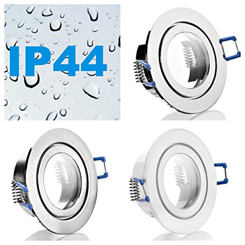 IP44 de aluminio para entornos húmedos baño Marco de montaje para lámparas empotradas prikker-überdachungen iluminación con cierres herméticos salpicaduras Cuenco de aluminio marco de montaje fijo adecuado para MR16, ledes GU10 230 V halógenas halógenas de baja tensión Incluye GU5.3 MR16 Capacidad de hierro cepillado, cromo, color blanco