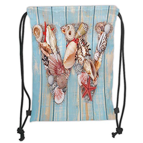 OQUYCZ Drawstring Sack Backpacks Bags,Letter W,Oceanic Composition Tropical Seashells Nature Maritime Theme Print Decorative,Pale Blue Ivory Dark Coral Soft Satin,5 Liter Capacity,Adjustable S