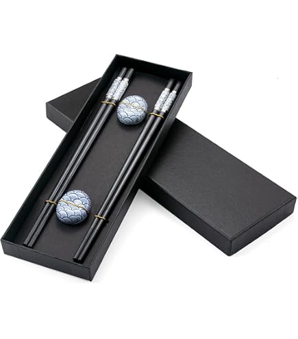 Japanische Essstäbchen Set – 2 Paar Silber/schwarz + 2 Ablagen, Edelstahl, 24,3 Cm, Mit Geschenkbox