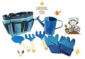 Gardening Tool Set For Kids Children Includes Watering Can Gloves Shovel Rake Fork and Carry bag Girls Boys Gift (Blue)