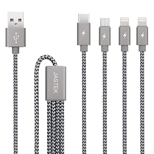 Multi USB-Kabel, jastek 3,3 Füße (1 Meter) 4 in 1 Geflochten mehrere Ladekabel Aluminum Adapter Stecker mit Typ C, 2 x 8 Pin Beleuchtung, Micro USB für universell einsetzbar – Aluminum Grau - 2