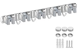 Beilala Mop Broom Holder Wall Mounted Heavy Duty, Self Adhesive Tool Holder Rack with 5 Clips 4 Storage Hooks Outdoor for Utility Room, Kitchen, Bathroom, Garage, Laundry, Garden and Office