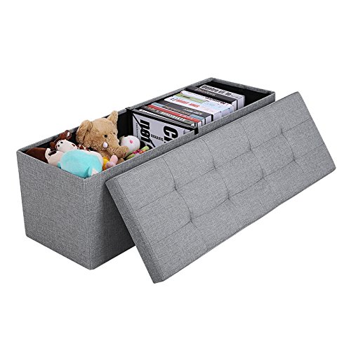 SONGMICS Banc Coffre de Rangement Pouf Pliable Grand pour 3 personnes tissu en lin 110 x 38 x 38 cm LSF77G