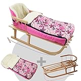 a) Holzschlitten inklusive Rückenlehne und Zugseil + b) Winterfußsack aus Lammwolle