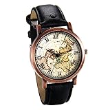 JewelryWe Herren Damen Armbanduhr, Retro Analog Quarz Weltkarte Globus Karte Uhr mit Römischen Ziffern Zifferblatt und Leder Armband, Farbe: Schwarz