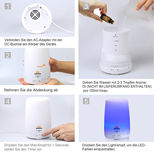 Luftbefeuchter | infinitoo 300ml Ultraschall Aroma Diffuser | Aromatherapie Diffusor | Abschaltautomatik Öl Raumbefeuchter mit 4 Zeitmodi Einstellungen und 7 LED Farbwechsel für Wohnzimmer, Kinderzimmer, Schlafzimmer, Baby- und Yogazimmer, SPA, Büro usw. - 6