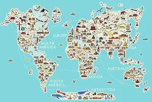 Life N Colors, Cute World Map with Animals and Monuments for Kids, Wallpaper and Wall Murals for Boys and Girls Room Walls, Self-Adhesive, DIY, Washable (2 feet X 3 feet)