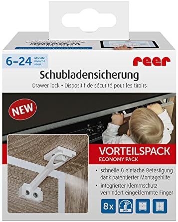 Reer 71020 Child Safety Lock According to DIN EN 16948, Cabinet and Drawer Lock, Easy Attachment with Enclosed mounting aid, Value Pack of 8, White, 8 Pieces (1 Pack)