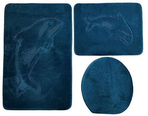 3- teilig Badgarnitur 85x55cm petrol blau Badset Delphin Hänge-WC Badematten Badteppich