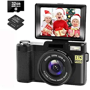 Digital Camera Vlogging Camera with YouTube 30MP Full HD 2.7K Vlog Camera with Flip Screen 180 Rotation with 32GB Memory Card and 2 Batteries ?Focus Fixed?