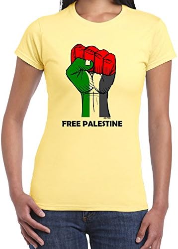Starlite Womens Novelty tshirts-Free Palestine-Free Gaza Fist Symbol-Yellow-L