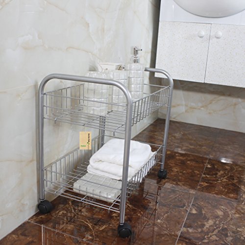 Finether 2-Tier Badwagen Küchenwagen Draht Rollwagen Allzweckwagen Haushaltwagen Badregal Küchenregal Standregal mit Rädern 2-Tier Wäschekorb Aufbewahrungskorb Rack Metallregal 40.5×40.5x26cm Silber - 4