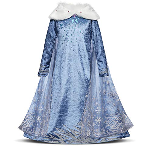 Robe de Princesse Manches Longues Reine des Neiges Longue Cosplay Costume de Robe Bleu Chaude Doux Déguisements Partie Mascarade Cérémonie Halloween Noël 3-10 Ans (4-5 Ans, 110cm)