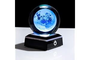 LUTENEY Sfera di cristallo 3D luna, 7 cm con incisione laser lunare vetro fermacarte con base lampada LED, regalo creativo per ornamenti casa e ufficio