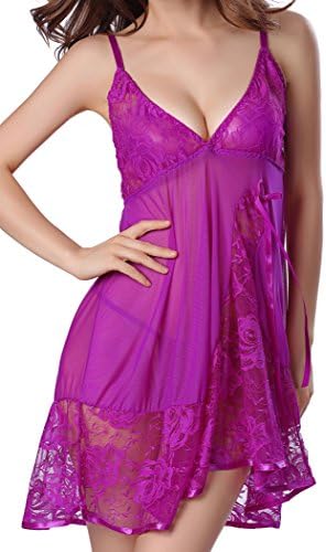 LOVEDATE Women Sexy Lingerie Lace Babydoll Sleepwear Splicing Chemise Nightwear (Medium, Purple)