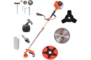 HMT HERRAMITIENDA Cortacéspedes Desbrozadora Gasolina, 65cc 3,0hp, Motor 2 Tiempos, Accesorios Incluidos, Cuchilla 3 Dientes, Carrete Doble Hilo, Disco 80 Dientes, Disco 5 Puntas, Herramienta Gasolina