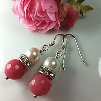 Perlenohrringe mit rosa Jade und 925 Silber Ohrhaken