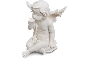 TEMPELWELT Figurine d'ange gardien assis 13 cm de hauteur, polyrésine imitation pierre, blanc, ange envoyant un baiser