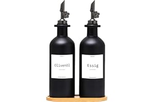 BIKALAN Essig und Ölflaschen Set, 500ml x 2 Ölflasche, Olivenöl Flasche Set, Ölspender, Automatisches Öffnen und Schließen Olivenöl Flasche, mit 22 Aufkleber, Trichter (Schwarz, 500ml)