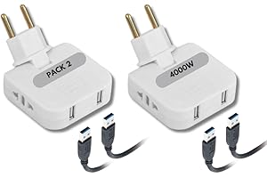APUKESE (Pack 2) Ladrón de enchufes Plano con USB 4000W, para Lugares sin Espacio (detrás de TV, Cama) 2 USB para Cargar Todos Tus Dispositivos y 2 Tomas de 220V