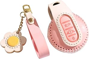 HIBEYO Autoschlüssel Hülle passt für BMW Mini Schlüssel hülle Nebelwachsleder Schutzhülle für Mini F54 F55 F56 F57 F60 Cooper S Clubman Cabrio Countryman Fernbedienung KeylesZubehör 3-Tasten-Rosa