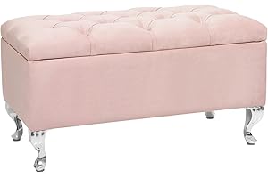 LORDLY Cassapanca Contenitore, Panca Imbottita MODIANO CR 81x42cm – Velluto, Pouf, Poggiapiedi, trapuntato puff, Seduta 2 Posti per Salotto, Corridoio, Camera da letto (Rosa, Gambe Cromo)