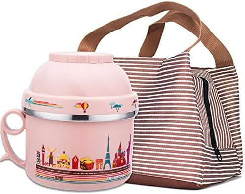 yxhflo Stainless Steel Thermos Lunch Boxes With Lids Of Adult Students Bento Box Instant Noodles Bowl Of Double Insulation Round Snack Cup, The Nordic Toner + Spoon + Striped Insulated Bag