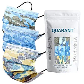 QUARANT 4 Ply Designer Protective Surgical Face Mask with Dual Meltblown - SMMS Layer, BFE & PFE >99%, Disposable Fabric Masks with Adjustable Nose Pin, Fashion Thats Safe (Camo Combo, Without Valve, Pack of 50) for Unisex